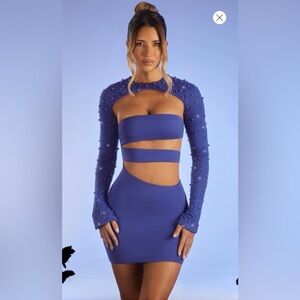 Oh Polly MAYFAIR
Embellished Long Sleeve Cut Out Mini Dress in Dark Blue